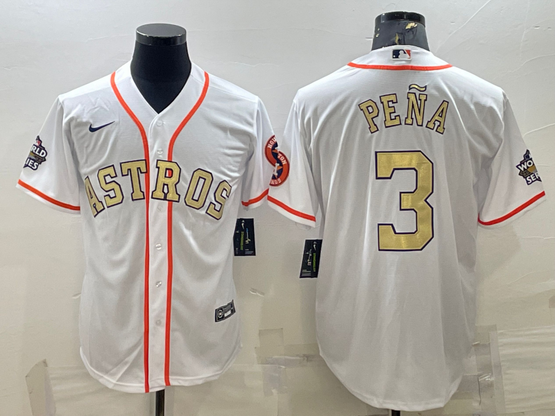 Men's Houston Astros #3 Jeremy Peña White Gold 2022 World Series Cool Base Stitched Jersey